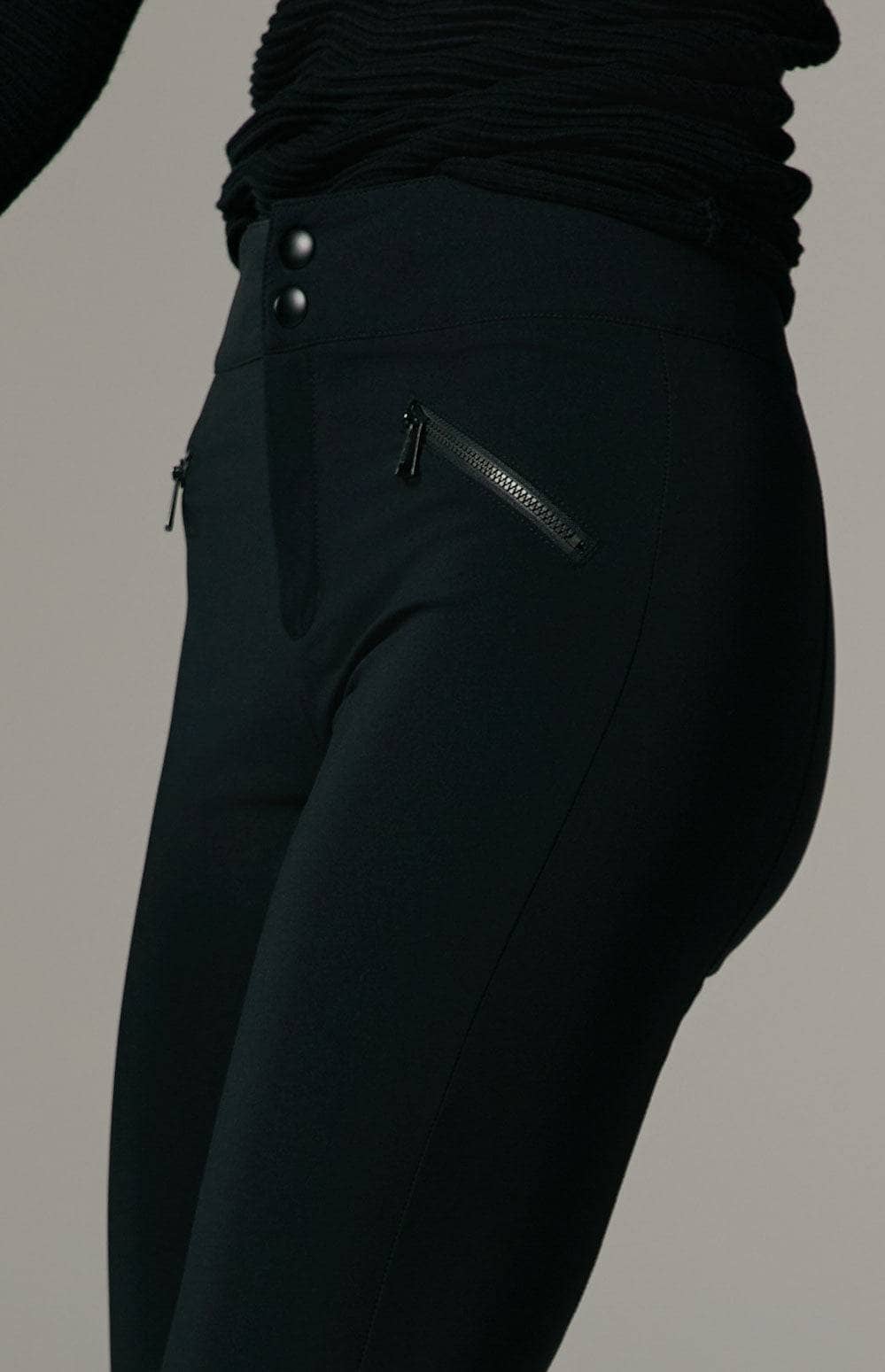 Geneva Techno Pant by Alp N Rock, Women's Fitted Stretch Black Pant with Snap Fly and Zipper Pockets