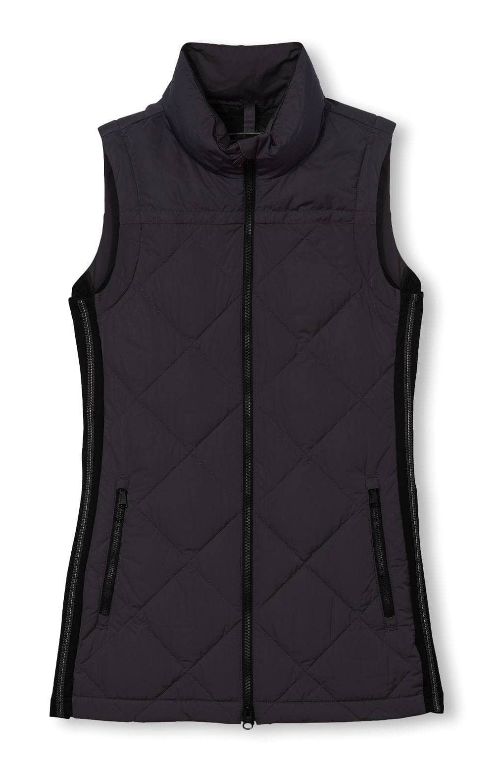 Davos III Long Vest by Alp N Rock, Women's Black Quilted Vest with Black Accent at Neck and Black Side Panels