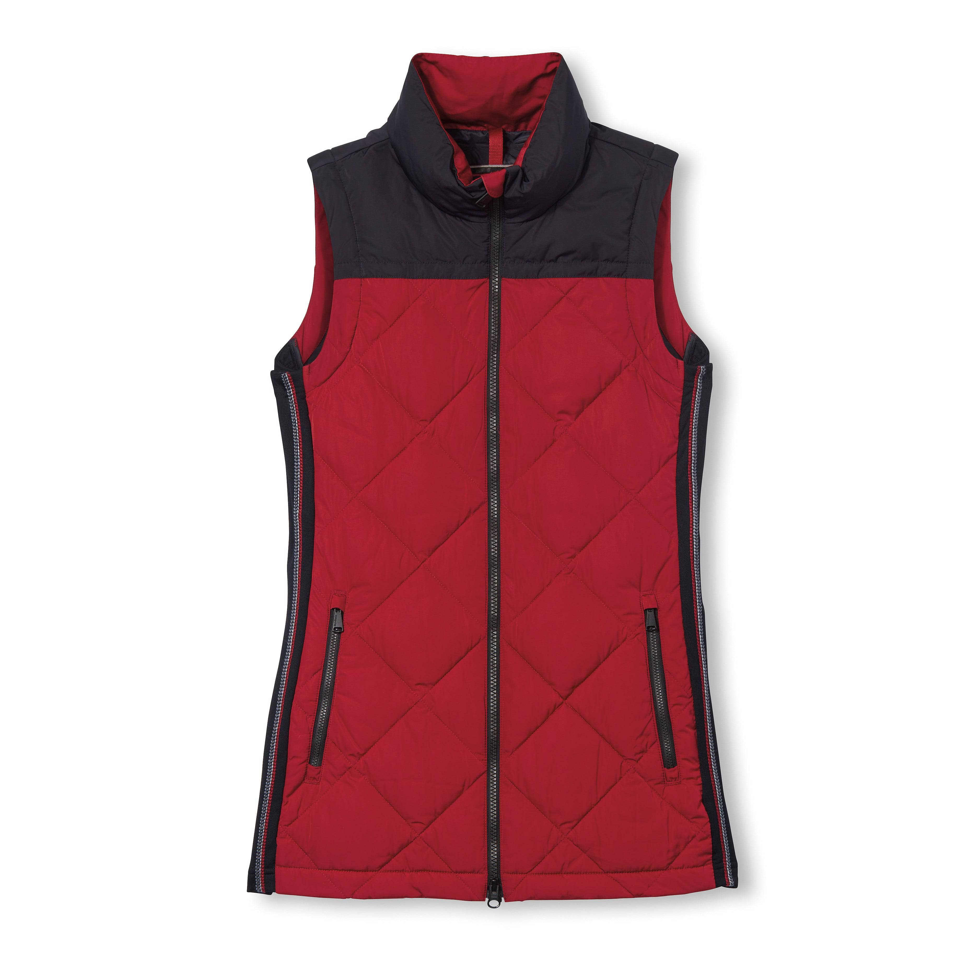 Davos III Long Vest by Alp N Rock, Women's Red Quilted Vest with Black Accent at Neck and Black Side Panels