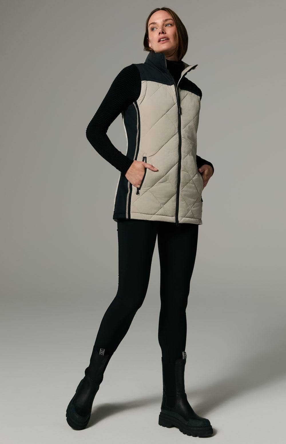 Davos III Long Vest by Alp N Rock, Women's Light Colored Vest with Quilting and Black Stretch Side Panels