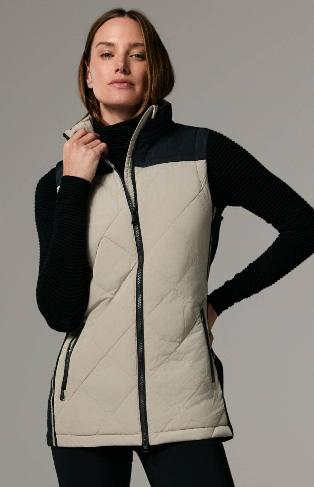 Davos III Long Vest by Alp N Rock, Women's Light Colored Vest with Quilting and Black Stretch Side Panels