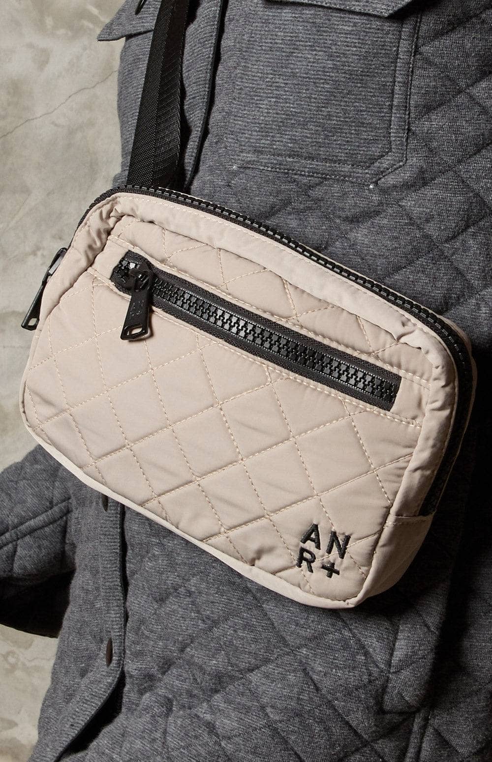 City Belt Bag by Alp N Rock, Quilted Beige Belt Bag with Black Zippers and Strap