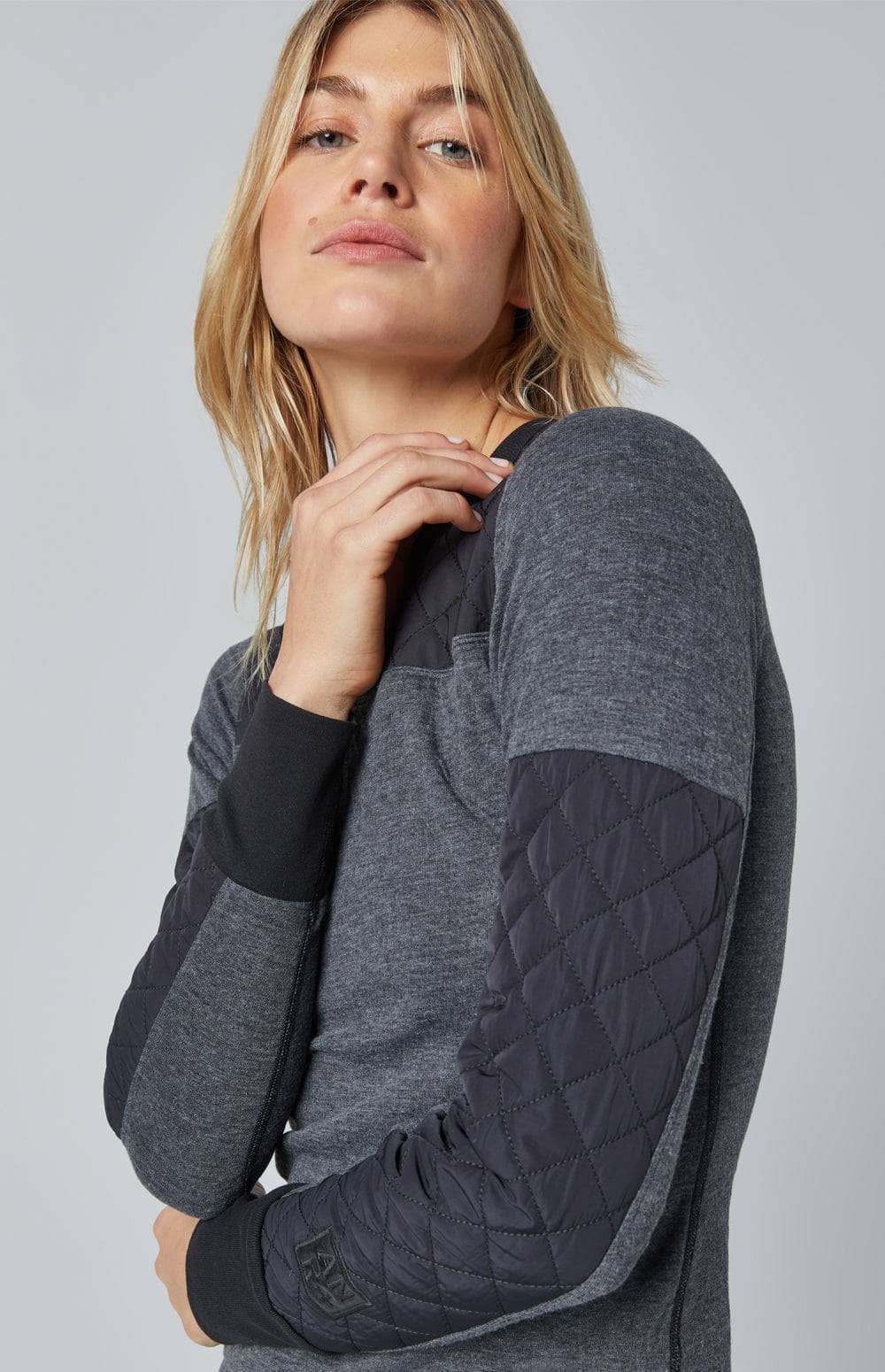 Dakota Crew by Alp N Rock, Women's Grey Long Sleeve Top with Crew Neck and Black Quilting at the Shoulders and Sleeves