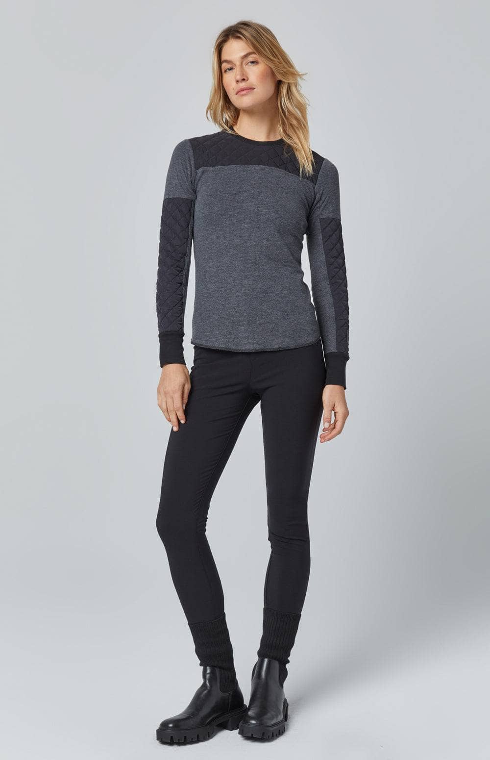 Dakota Crew by Alp N Rock, Women's Grey Long Sleeve Top with Crew Neck and Black Quilting at the Shoulders and Sleeves