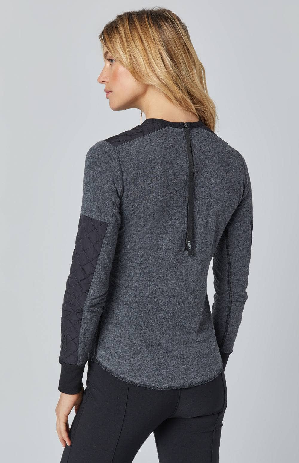 Dakota Crew by Alp N Rock, Women's Grey Long Sleeve Top with Crew Neck and Black Quilting at the Shoulders and Sleeves