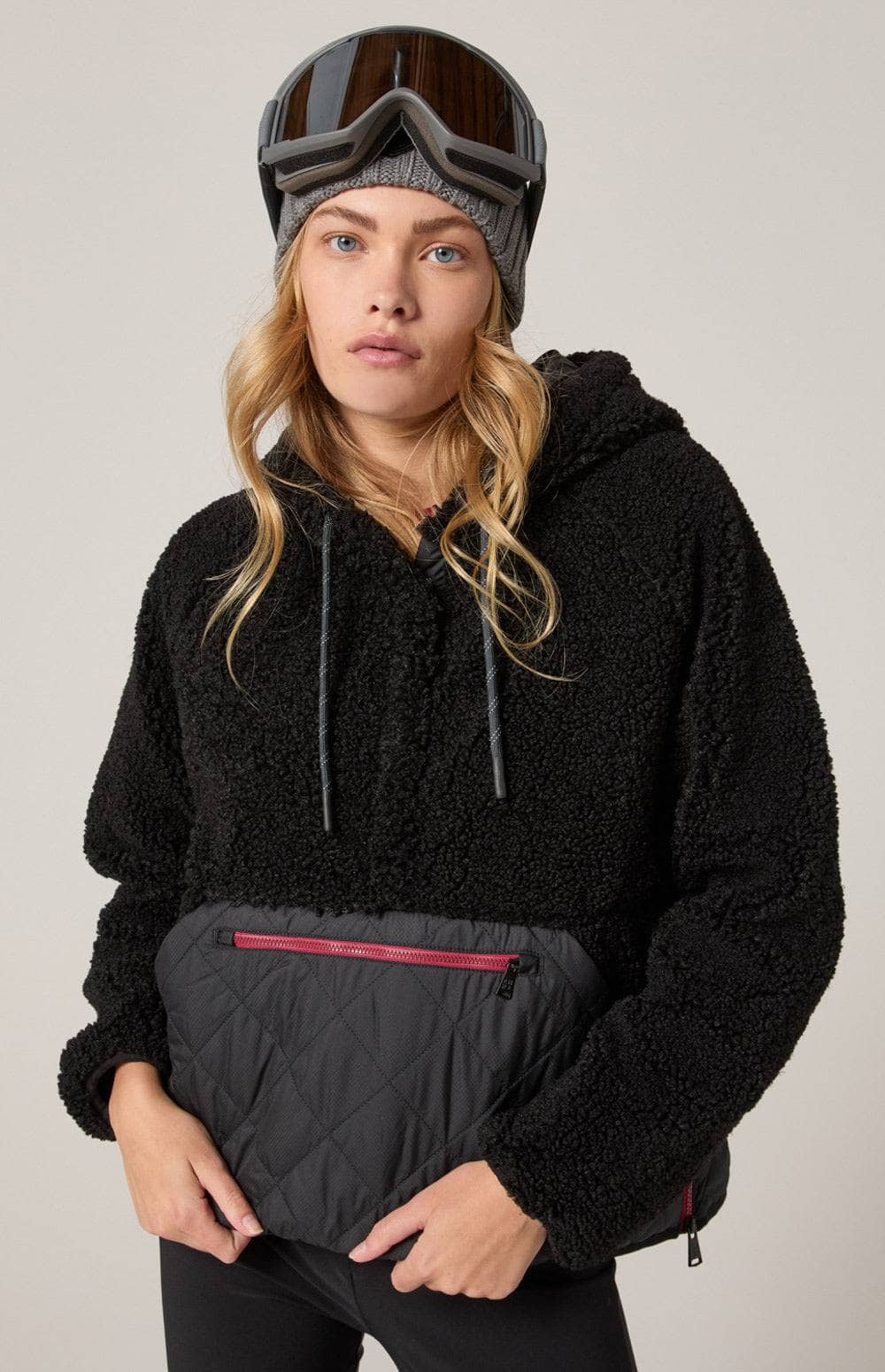 Alpine Pullover Jacket by Alp N Rock, Women's Black Shearling Hooded Pullover Jacket with Black Quilted Front Pocket