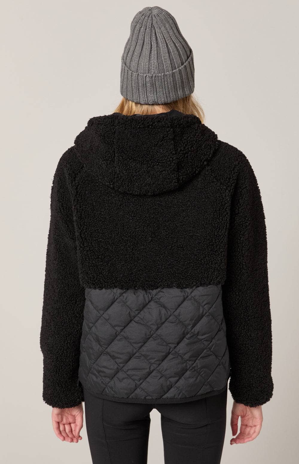 Alpine Pullover Jacket by Alp N Rock, Women's Black Shearling Hooded Pullover Jacket with Black Quilted Front Pocket