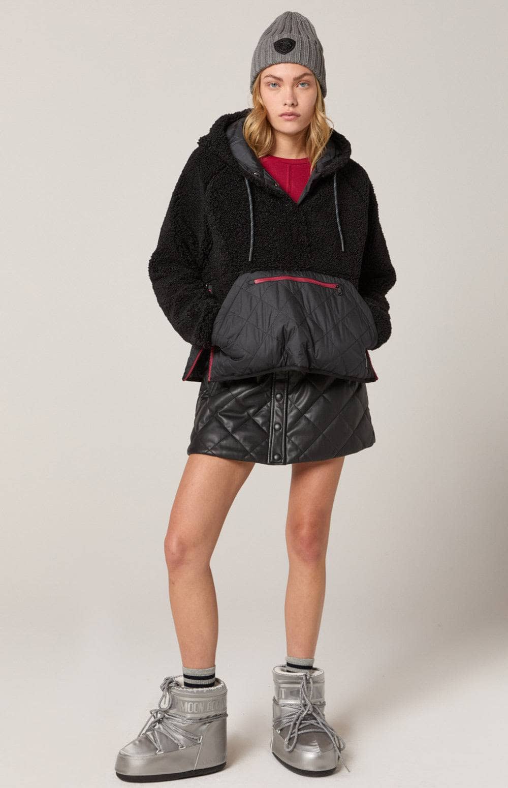 Alpine Pullover Jacket by Alp N Rock, Women's Black Shearling Hooded Pullover Jacket with Black Quilted Front Pocket