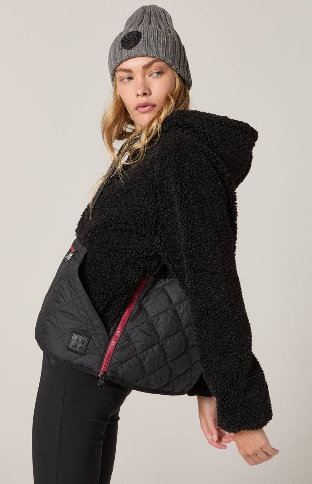 Alpine Pullover Jacket by Alp N Rock, Women's Black Shearling Hooded Pullover Jacket with Black Quilted Front Pocket