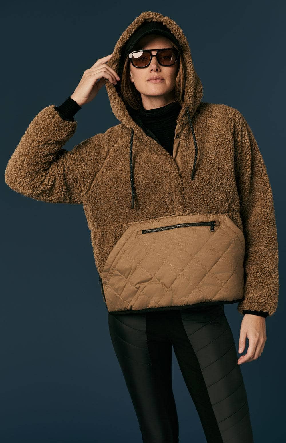 Alpine Pullover Jacket by Alp N Rock, Women's Brown Shearling Jacket With Hood, Quilted Bottom and Front Pocket