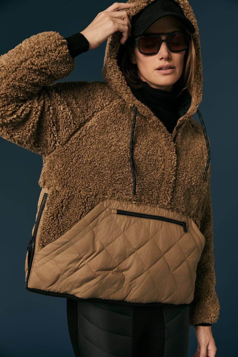 Alpine Pullover Jacket by Alp N Rock, Women's Brown Shearling Jacket With Hood, Quilted Bottom and Front Pocket