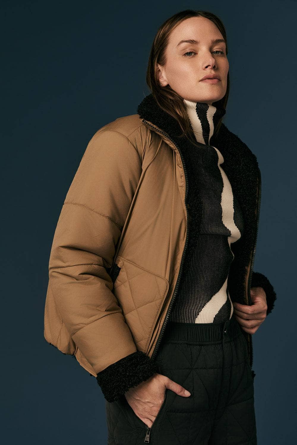 Amal Reversible Aviator Jacket by Alp N Rock, Women's Tan Aviator Jacket With Black Shearling Inside