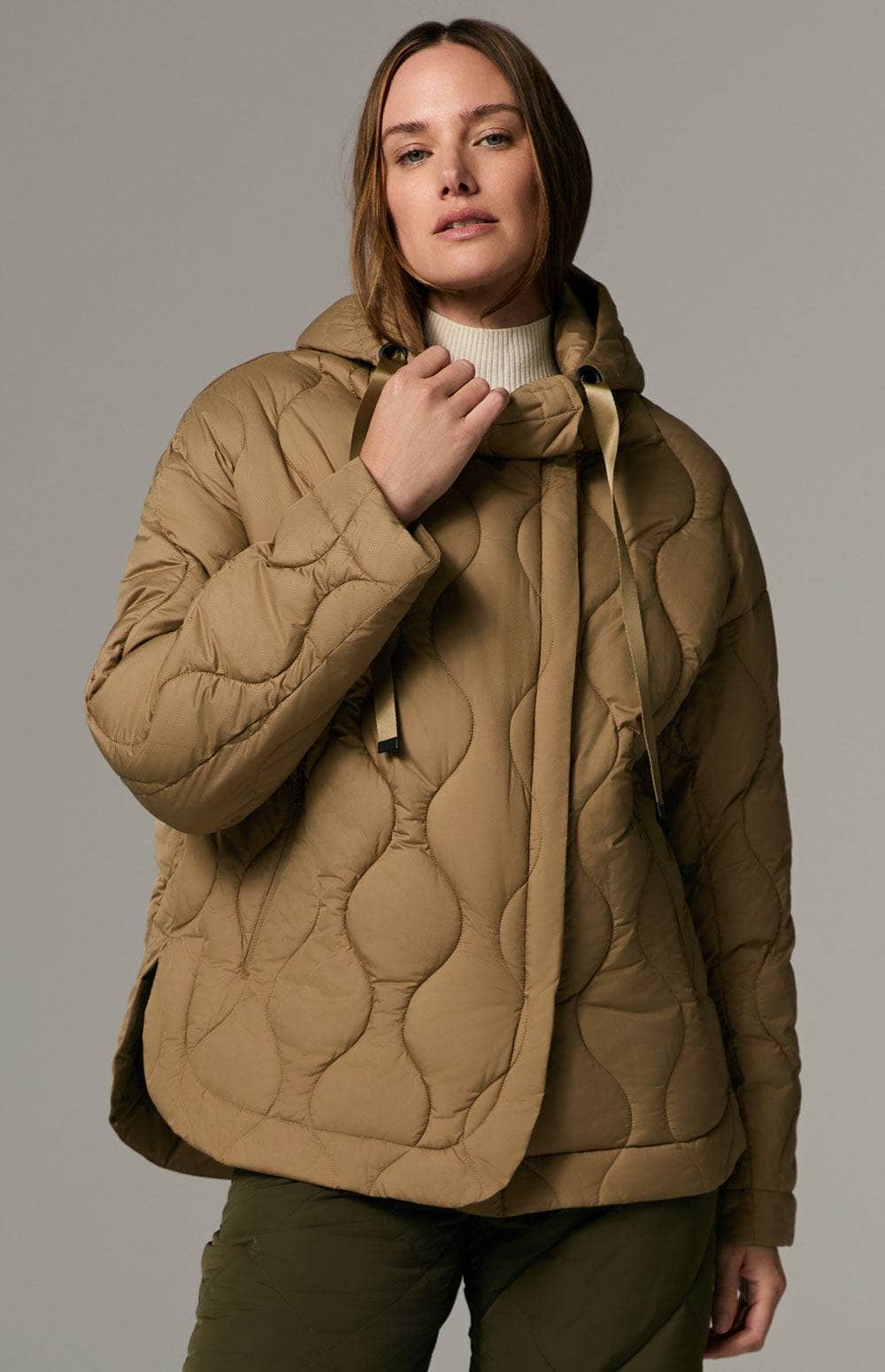 Nori Quilted Jacket by Alp N Rock, Women's Dark Khaki Quilted Pullover Jacket with Hood