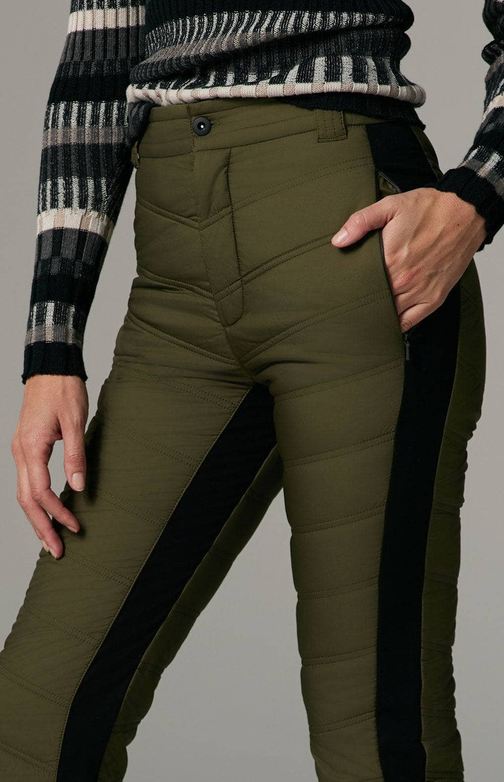 Kaja Quilted Pant by Alp N Rock, Women's Dark Green Quilted Ski Pant With Button Fly and Pockets