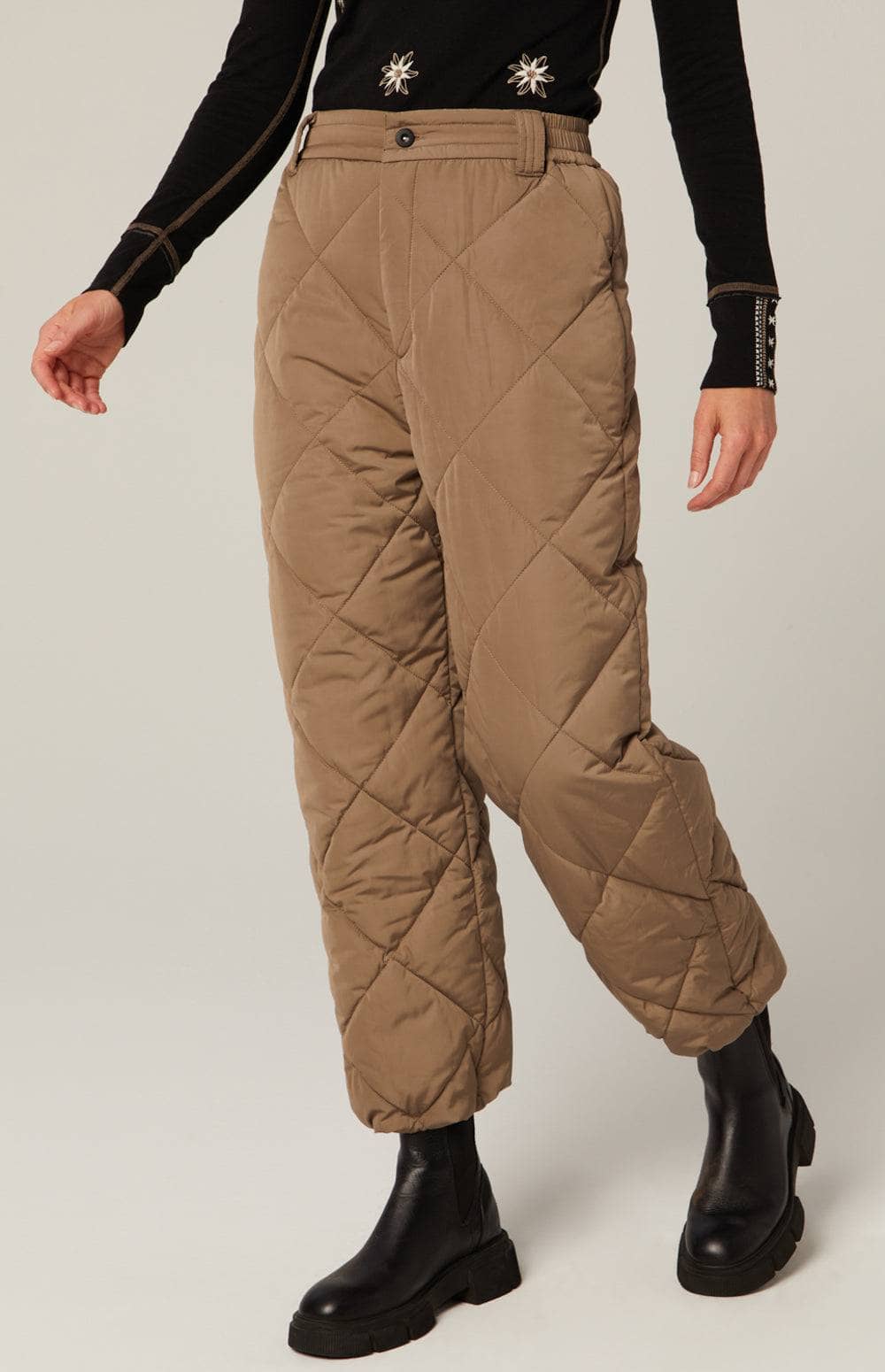 Mika Quilted Pant by Alp N Rock, Women's Dark Khaki Quilted Puffer Ski Pant with Zipper Fly and Pockets