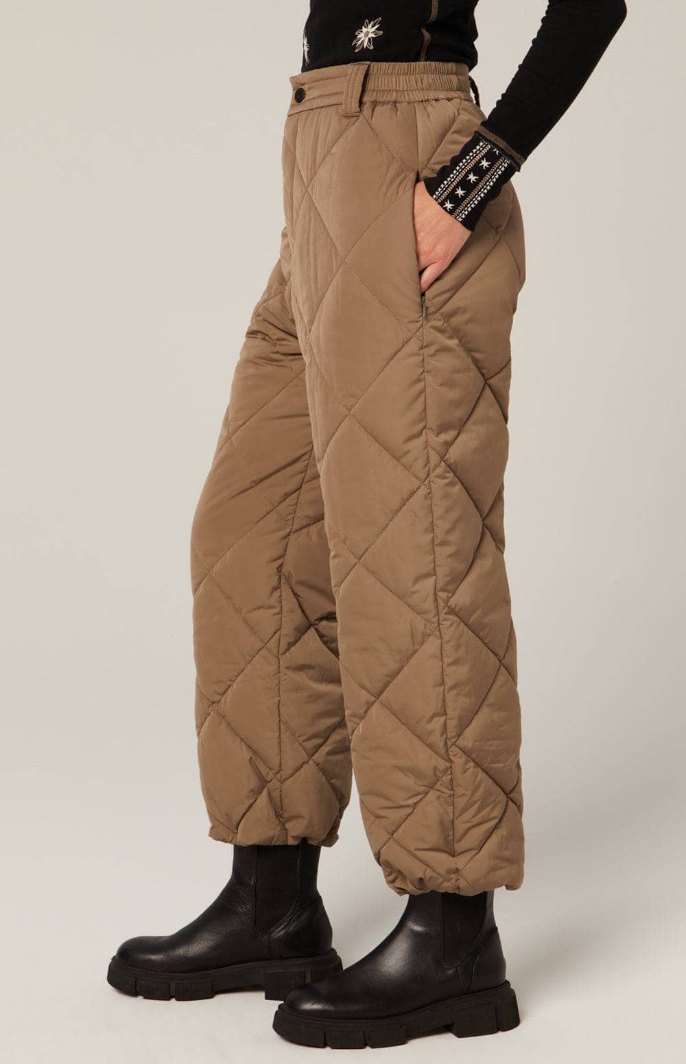 Mika Quilted Pant by Alp N Rock, Women's Dark Khaki Quilted Puffer Ski Pant with Zipper Fly and Pockets