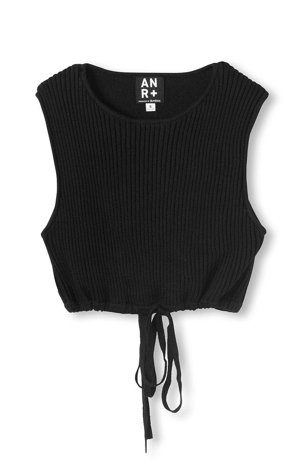 Muna Cropped Tank by Alp N Rock, Women's Black Cropped Knit Top with Thin Drawstring Tie