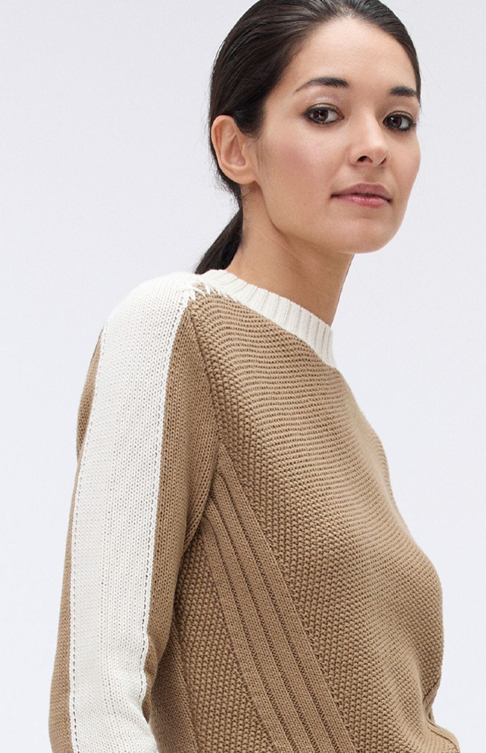 Dev Sweater by Alp N Rock, Women's Tan Sweater with Cream Stripe Down the Shoulder and Arms