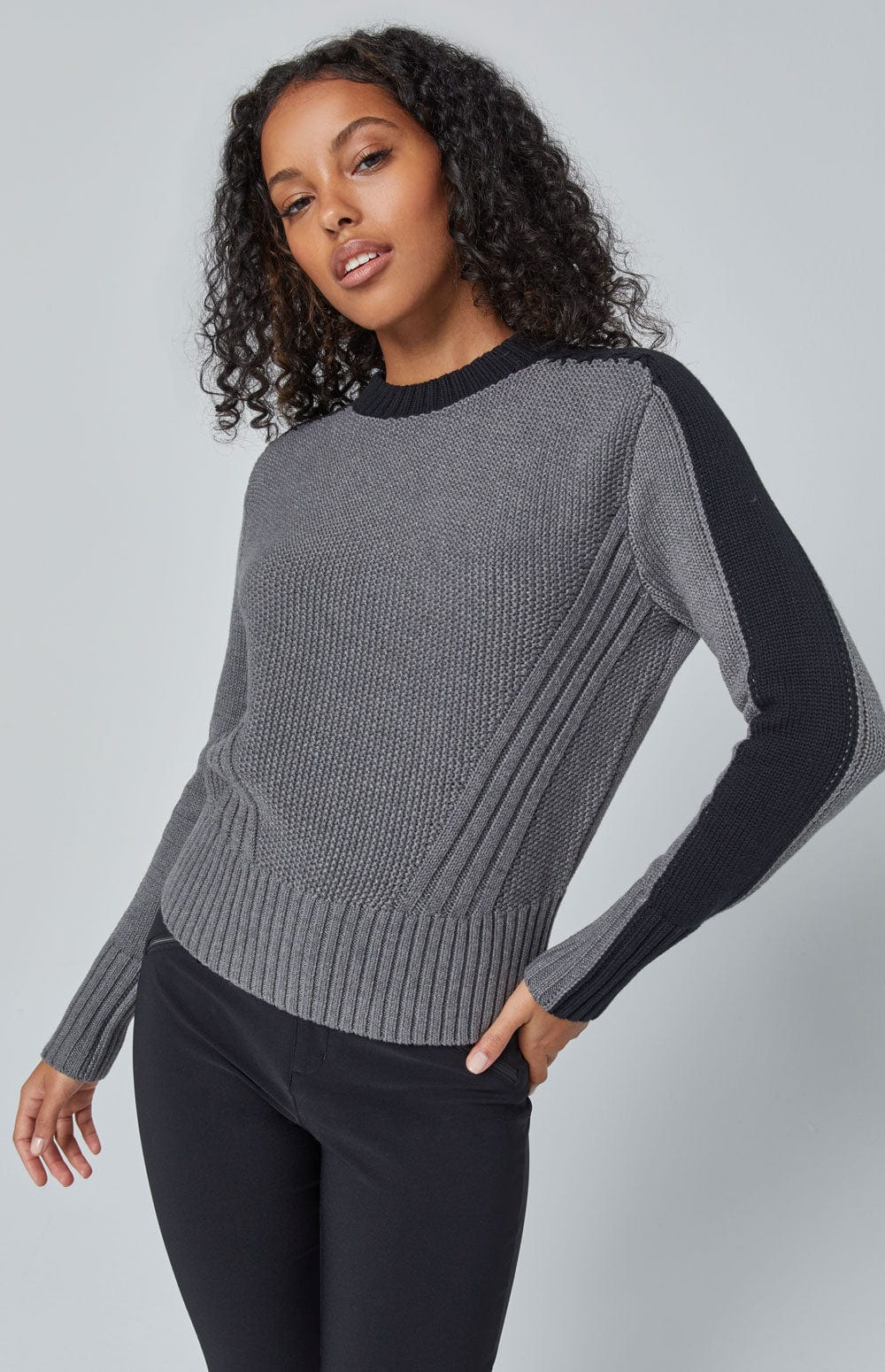 Dev Sweater by Alp N Rock, Women's Grey Sweater with Black Stripe Down the Shoulder and Arms