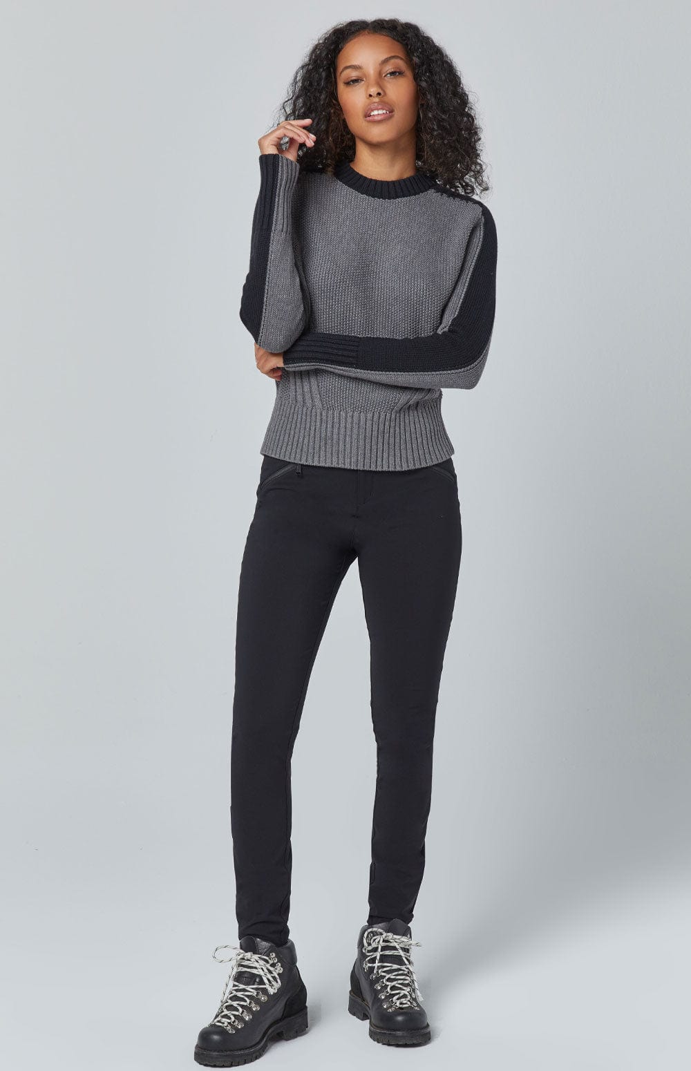 Dev Sweater by Alp N Rock, Women's Grey Sweater with Black Stripe Down the Shoulder and Arms