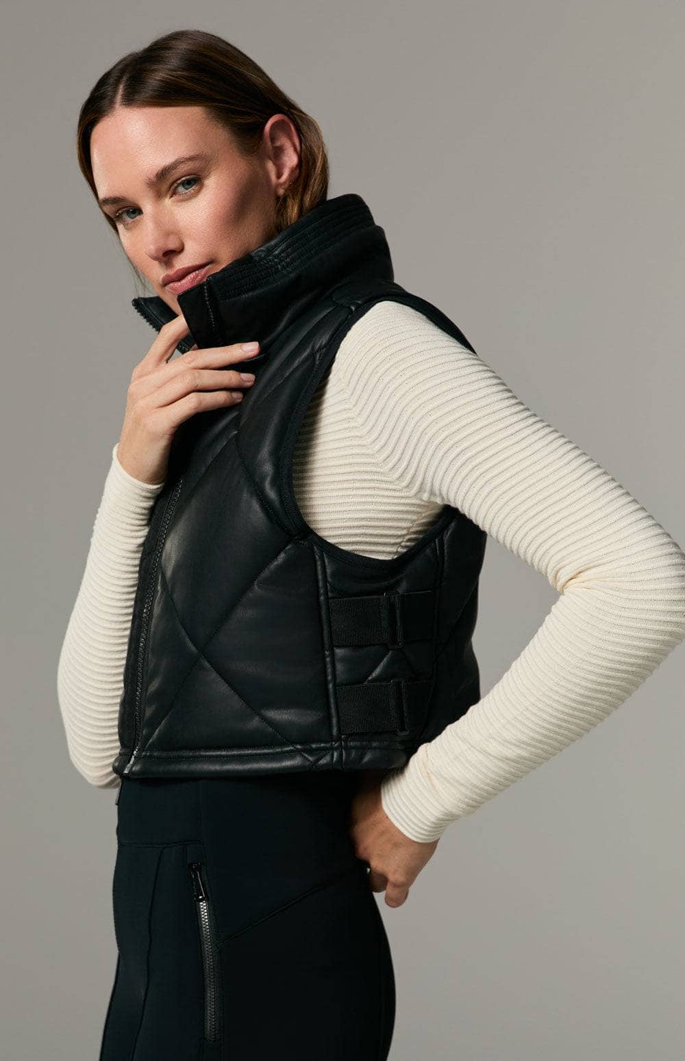 La Vitesse li Cropped Vest by Alp N Rock, Women's Black Faux Leather Quilted Vest