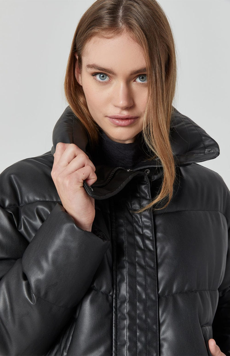 Mock-Neck Faux-Leather Puffer Jacket for Women